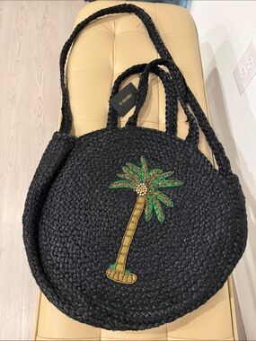 Forever 21Black Round Straw Tote with Embroidered Palm - Designer